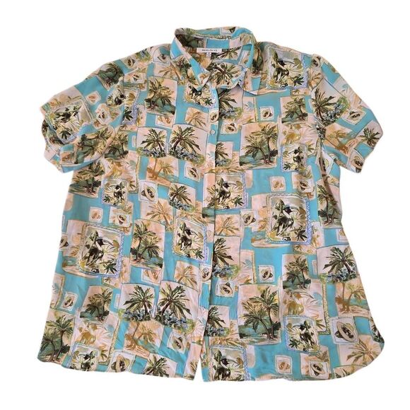 Rose and Olive Womens Tropical Print Short Sleeve Button Front Blouse Size 2X - Picture 3 of 12